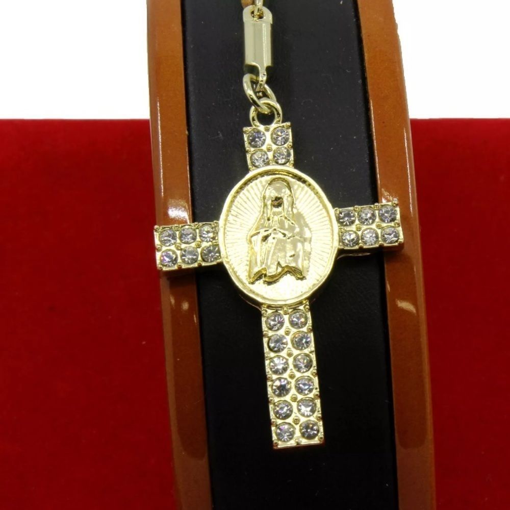 24K Gold Plated Lab Diamond Rosary Necklace Mary - Picture 4 of 4